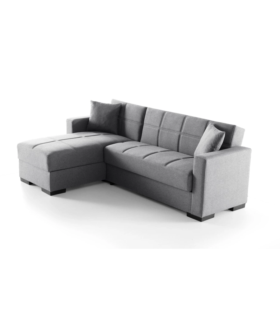 DIVANO LETTO "MERLIN" IN TESSUTO GRIGIO CON CASSETTONE E PENISOLA REVERSIBILE 225X150X81 CM