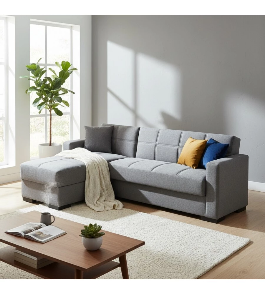 DIVANO LETTO "MERLIN" IN TESSUTO GRIGIO CON CASSETTONE E PENISOLA REVERSIBILE 225X150X81 CM