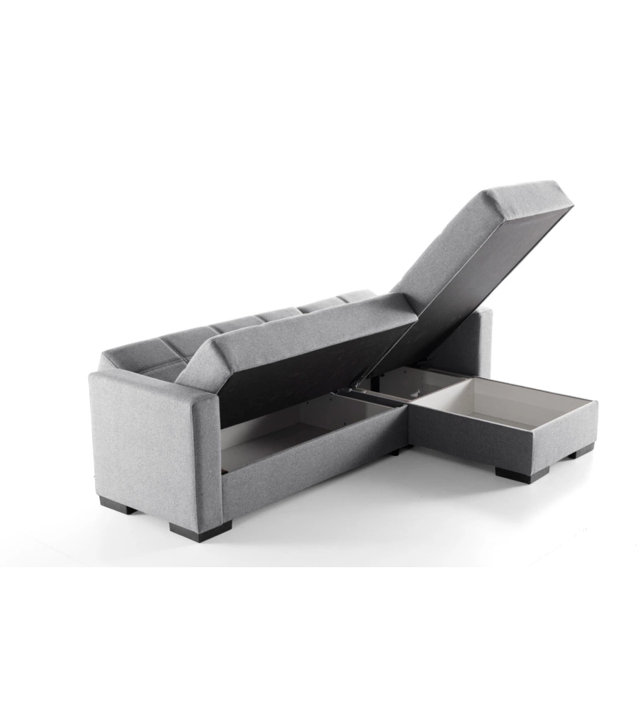 DIVANO LETTO "MERLIN" IN TESSUTO GRIGIO CON CASSETTONE E PENISOLA REVERSIBILE 225X150X81 CM