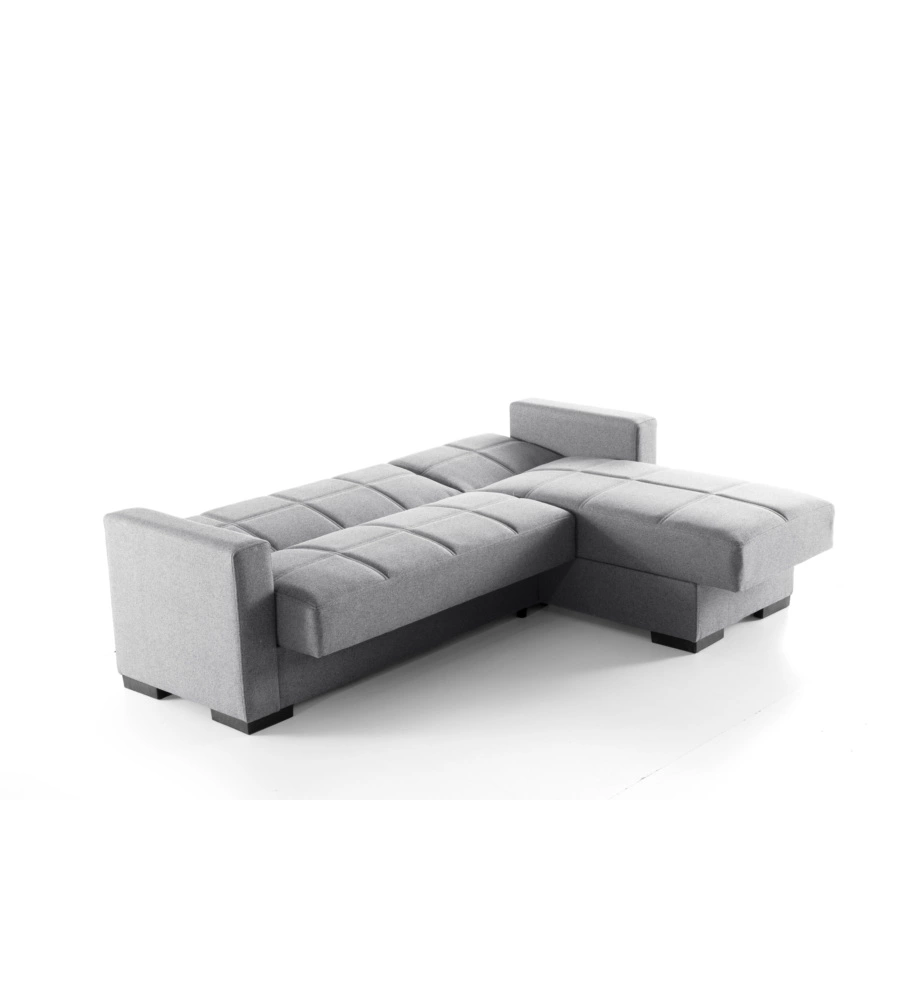 DIVANO LETTO "MERLIN" IN TESSUTO GRIGIO CON CASSETTONE E PENISOLA REVERSIBILE 225X150X81 CM