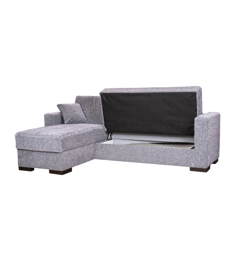 DIVANO LETTO "MERLIN" IN TESSUTO GRIGIO CON CASSETTONE E PENISOLA REVERSIBILE, 225X150X81 CM