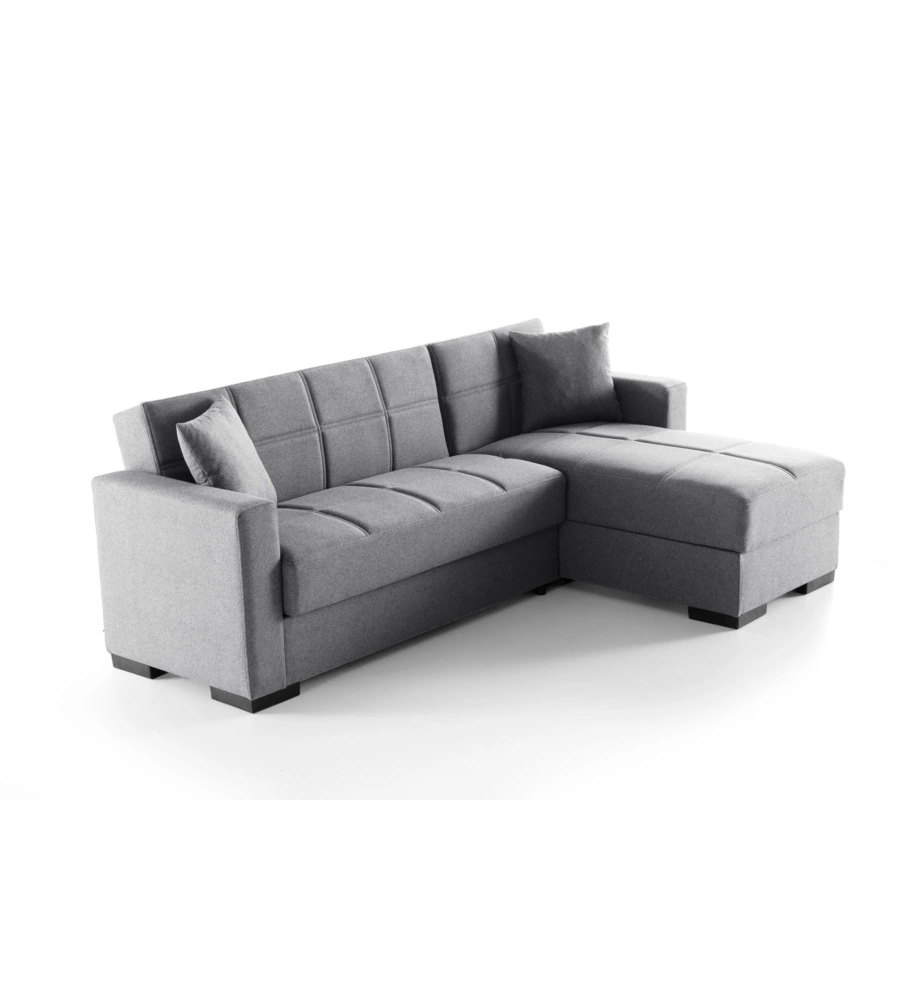 DIVANO LETTO "MERLIN" IN TESSUTO GRIGIO CON CASSETTONE E PENISOLA REVERSIBILE 225X150X81 CM