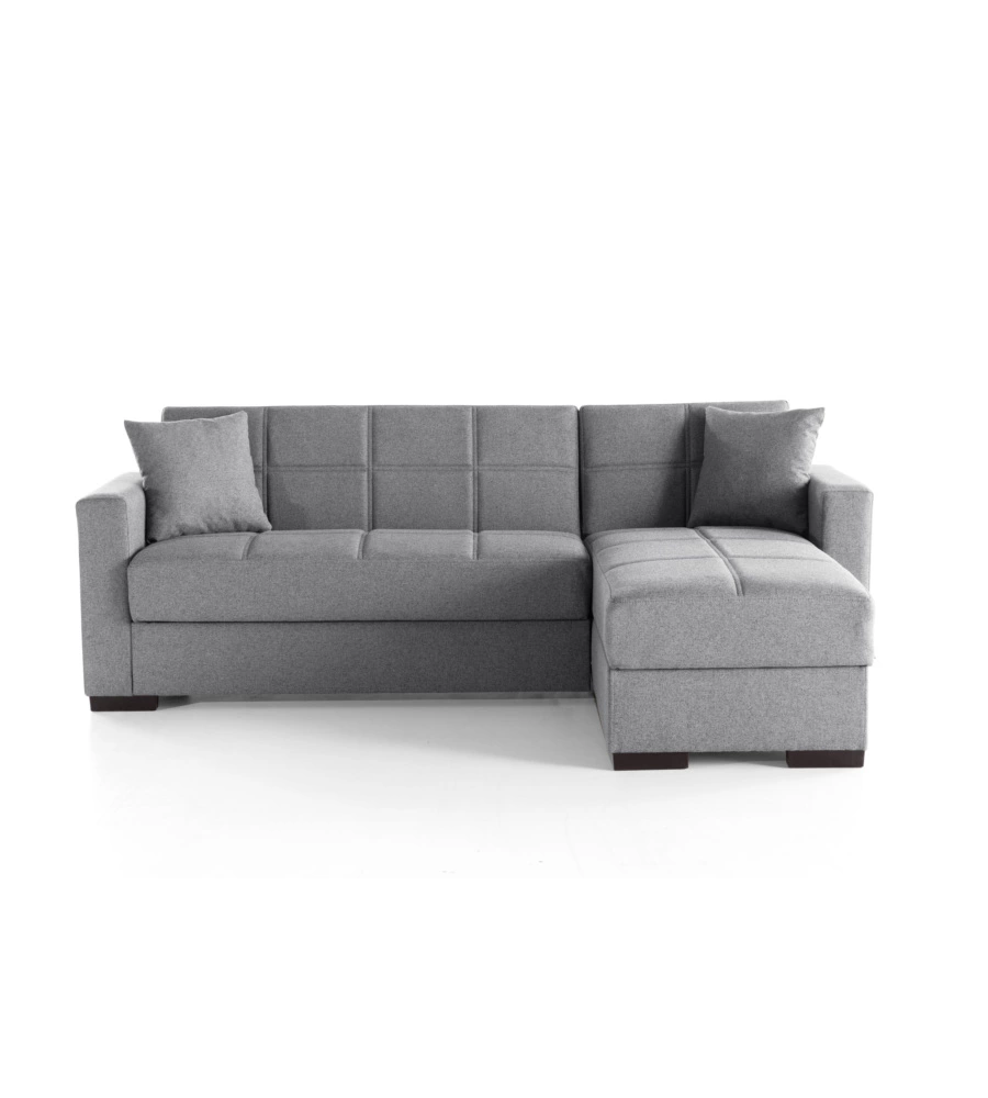 DIVANO LETTO "MERLIN" IN TESSUTO GRIGIO CON CASSETTONE E PENISOLA REVERSIBILE 225X150X81 CM