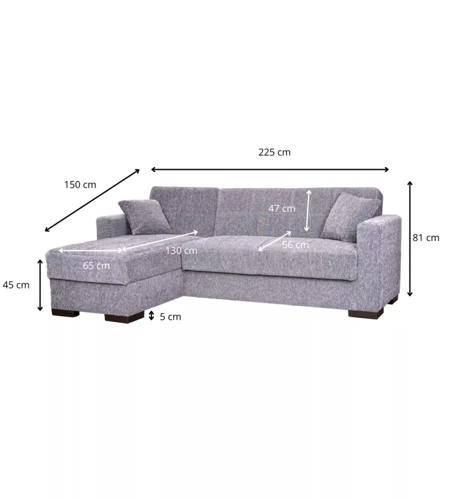 DIVANO LETTO "MERLIN" IN TESSUTO GRIGIO CON CASSETTONE E PENISOLA REVERSIBILE, 225X150X81 CM
