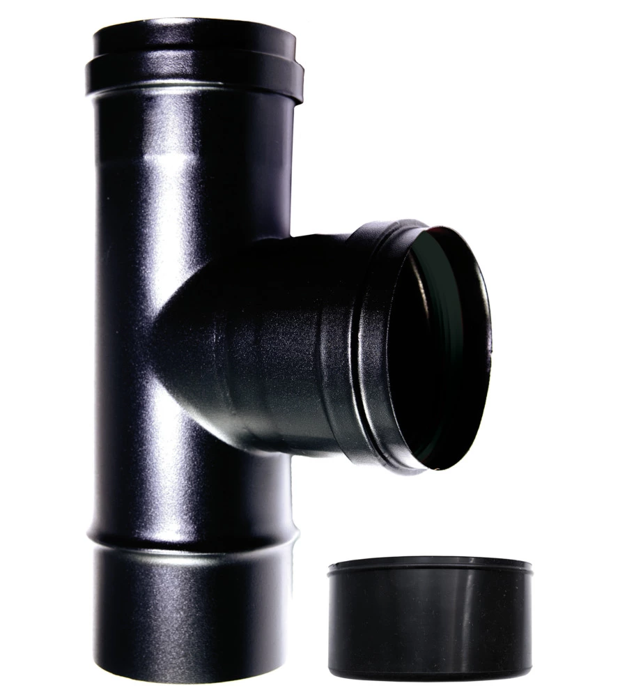 RACCORDO A TEE 90° FM-F IN ACCIAIO SMALTATO VERNICIATO NERO PER SCARICO FUMI, DIAMETRO 80 MM