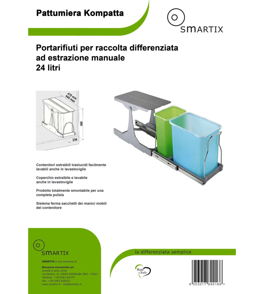 PATTUMIERA ESTRAIBILE CON COPERCHIO PER RACCOLTA DIFFERENZIATA, 24 LITRI