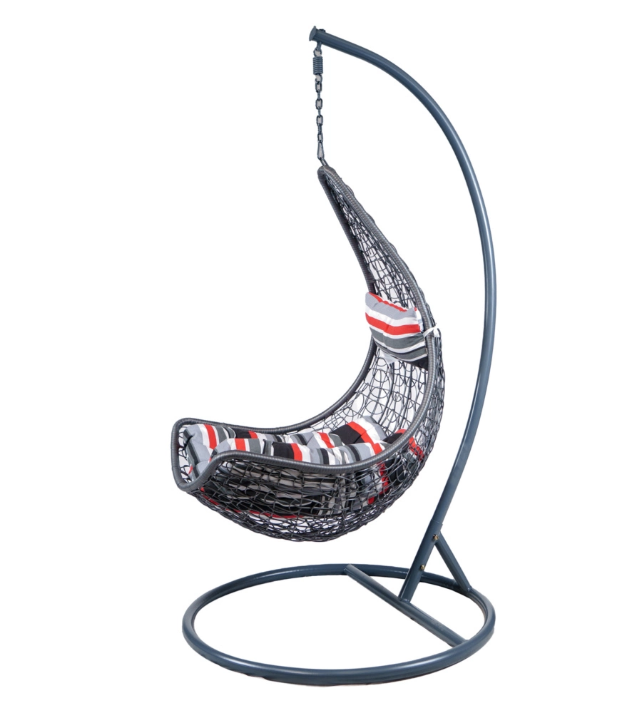 POLTRONA DA ESTERNO SOSPESA EUROGARDEN IN PE RATTAN CON STRUTTURA IN METALLO GRIGIO E CUSCINO A RIGHE, 120X195 CM
