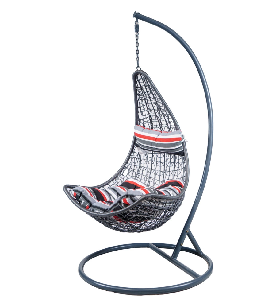 POLTRONA DA ESTERNO SOSPESA EUROGARDEN IN PE RATTAN CON STRUTTURA IN METALLO GRIGIO E CUSCINO A RIGHE, 120X195 CM