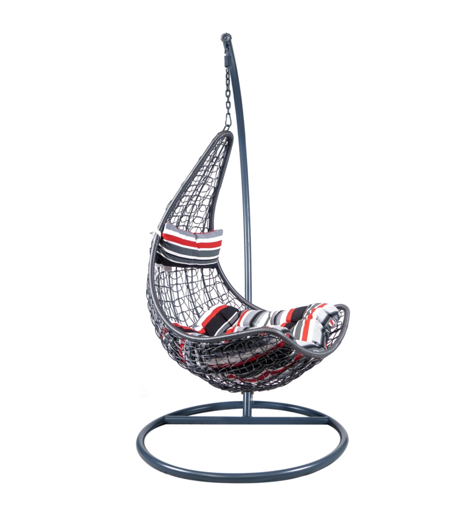 POLTRONA DA ESTERNO SOSPESA EUROGARDEN IN PE RATTAN CON STRUTTURA IN METALLO GRIGIO E CUSCINO A RIGHE, 120X195 CM
