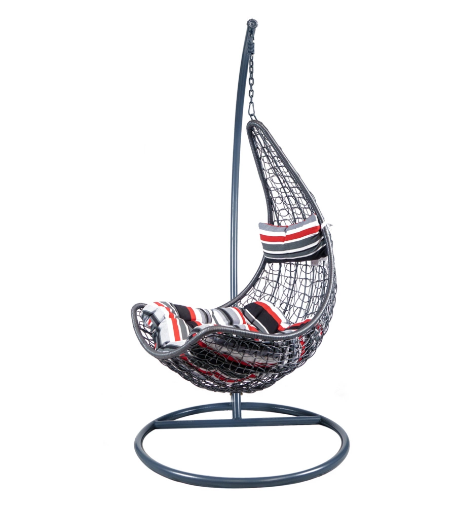 POLTRONA DA ESTERNO SOSPESA EUROGARDEN IN PE RATTAN CON STRUTTURA IN METALLO GRIGIO E CUSCINO A RIGHE, 120X195 CM
