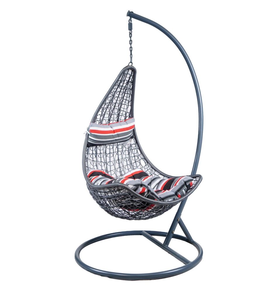 POLTRONA DA ESTERNO SOSPESA EUROGARDEN IN PE RATTAN CON STRUTTURA IN METALLO GRIGIO E CUSCINO A RIGHE, 120X195 CM