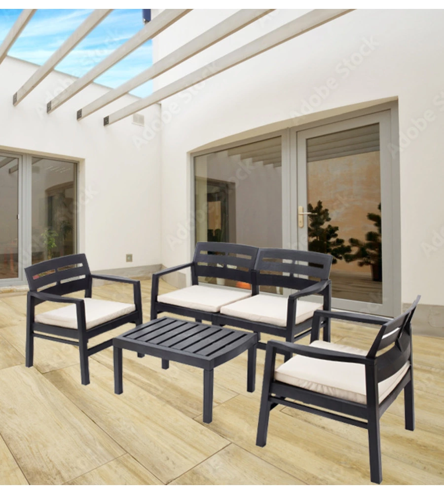 SET DA GIARDINO "JAVA" IN POLIPROPILENE CON CUSCINI ANTRACITE 4 SEDUTE E TAVOLINO