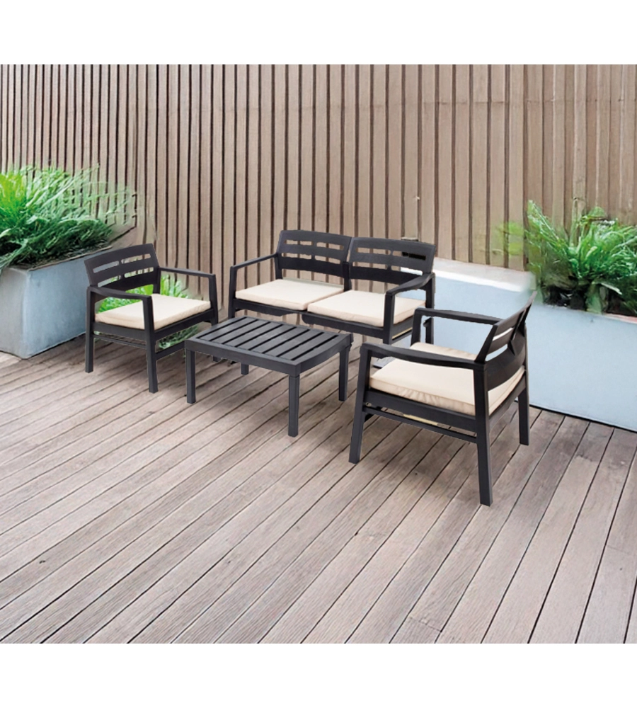 SET DA GIARDINO "JAVA" IN POLIPROPILENE CON CUSCINI ANTRACITE 4 SEDUTE E TAVOLINO