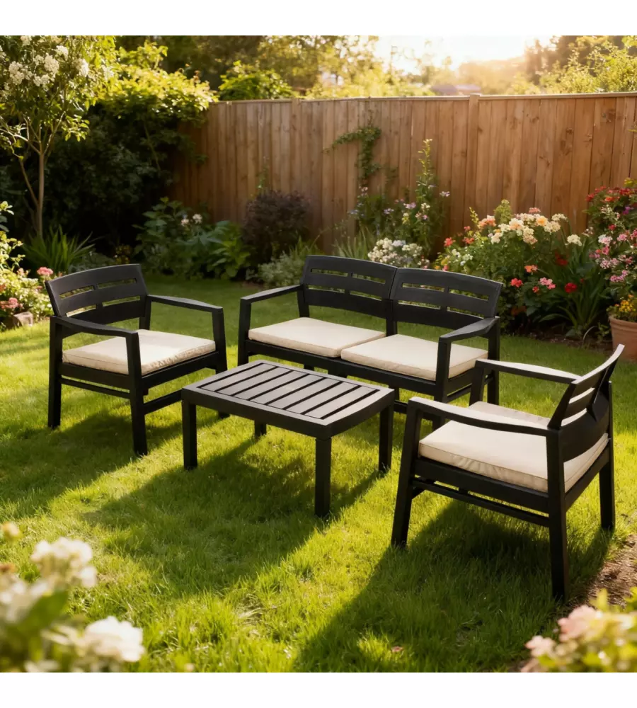 SET DA GIARDINO "JAVA" IN POLIPROPILENE CON CUSCINI ANTRACITE 4 SEDUTE E TAVOLINO