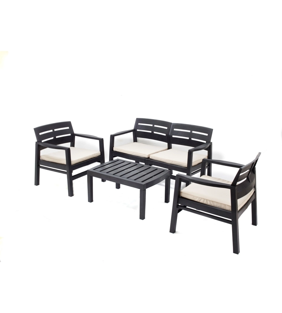 SET DA GIARDINO "JAVA" IN POLIPROPILENE CON CUSCINI ANTRACITE 4 SEDUTE E TAVOLINO