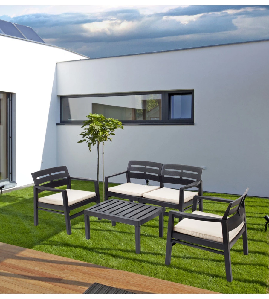 SET DA GIARDINO "JAVA" IN POLIPROPILENE CON CUSCINI ANTRACITE 4 SEDUTE E TAVOLINO