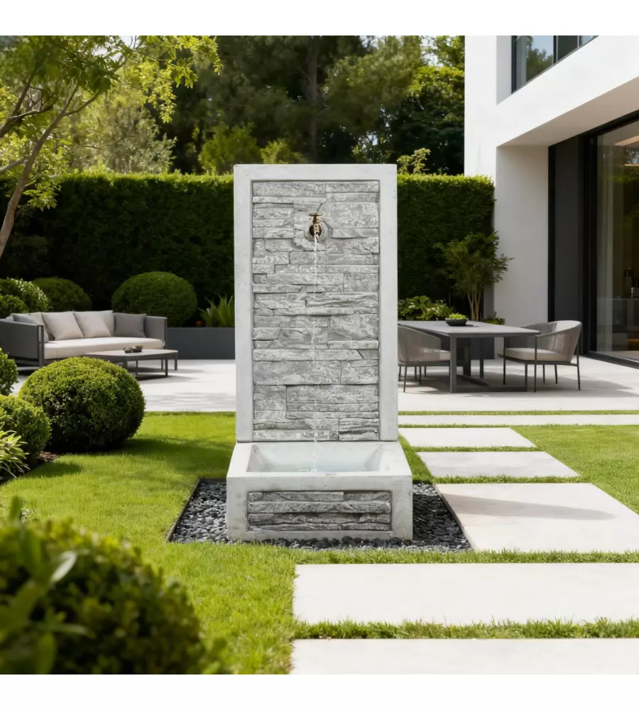 FONTANA DA GIARDINO A MURO "ADIGE" ANTICATO COLORE GRIGIO,  40X40X92 CM - KAM