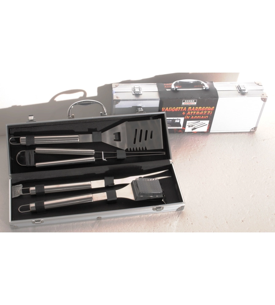 KIT VALIGETTA CON 4 ATTREZZI PER BARBECUE IN ACCIAIO