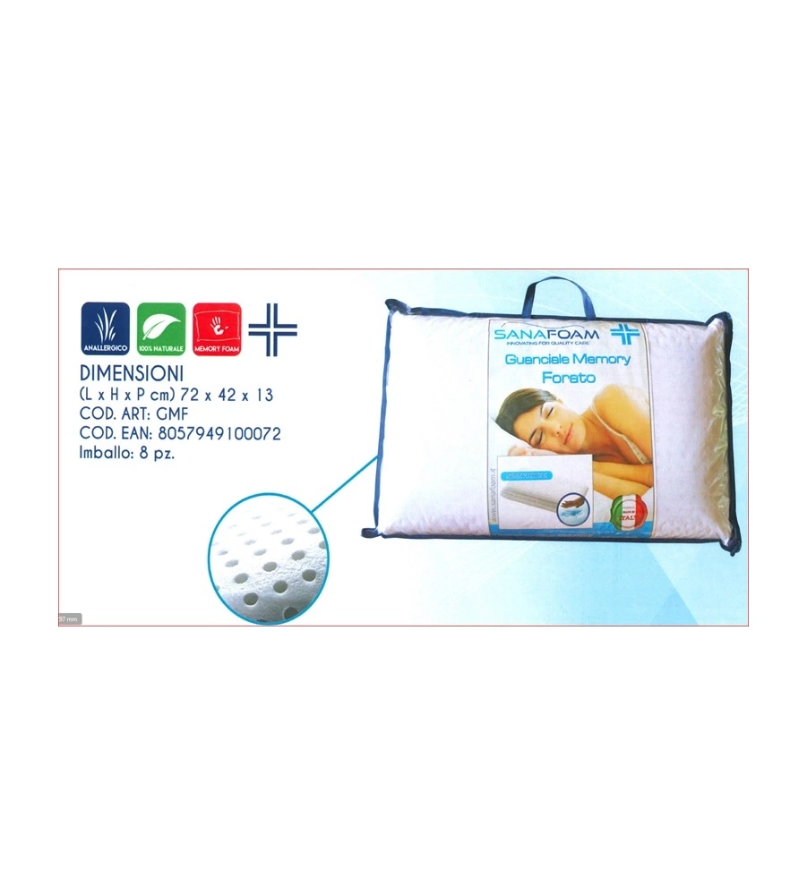 GUANCIALE FORATO IN MEMORY FOAM BIANCO 72X42 CM