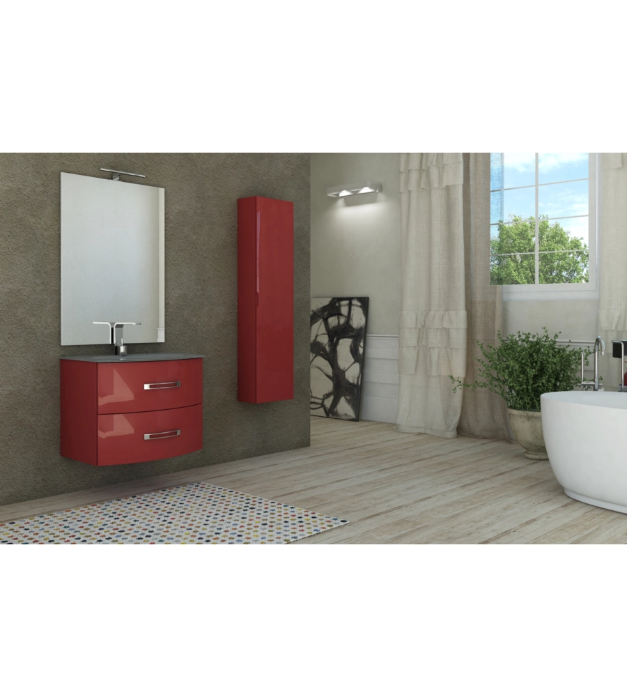 MOBILE BAGNO SOSPESO "BEST" ROSSO 2 CASSETTI E LAVABO IN VETRO, 69X52X55 CM