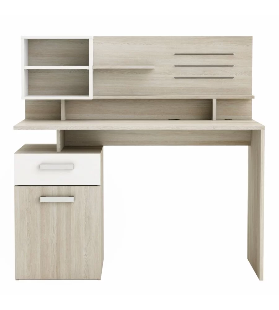 SCRIVANIA CON SOPRALZO BIANCO E QUERCIA, 121X58X119 CM