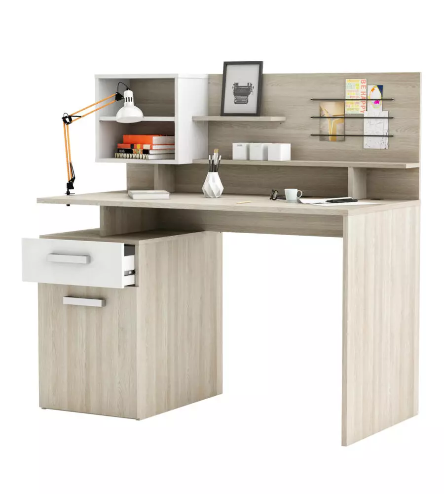 SCRIVANIA CON SOPRALZO BIANCO E QUERCIA, 121X58X119 CM