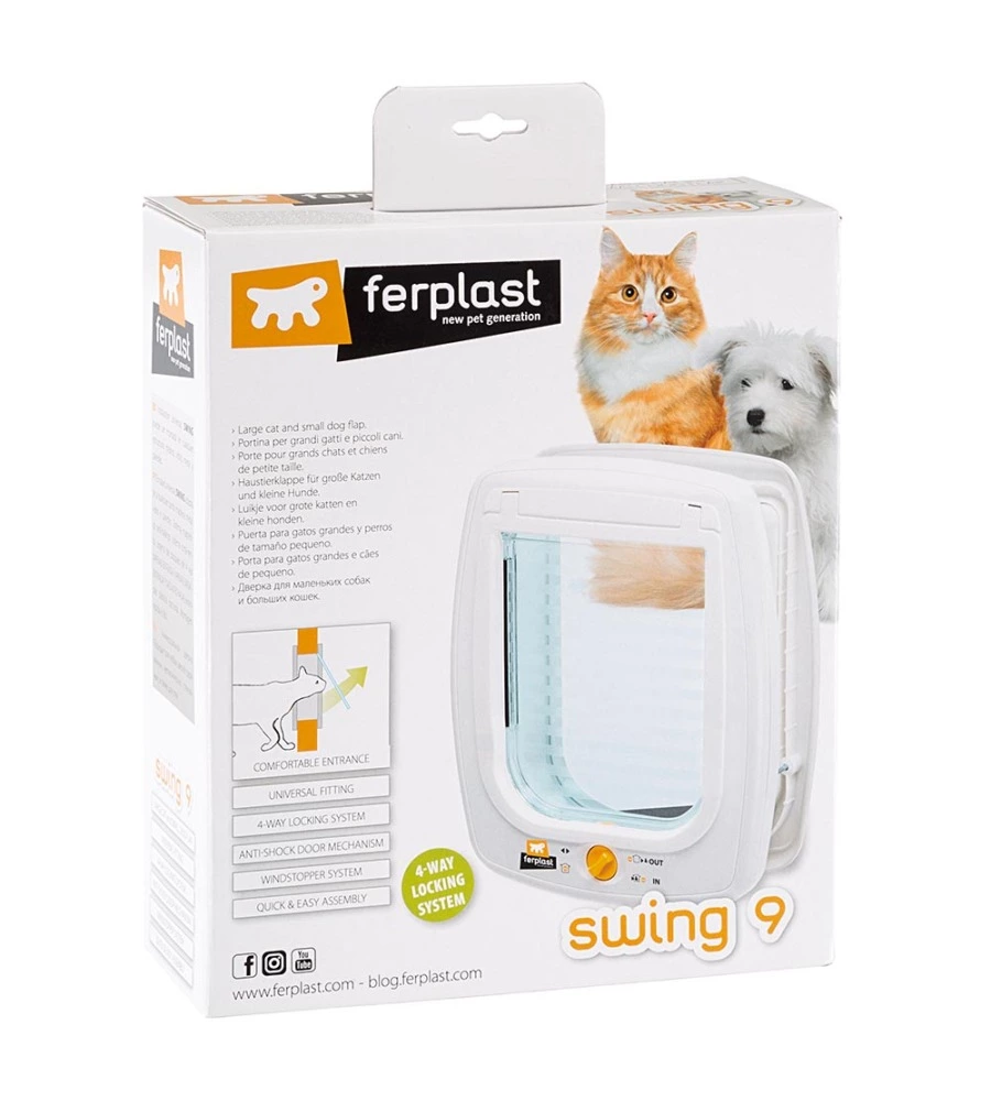 PORTINA PER GRANDI GATTI E PICCOLI CANI FERPLAST "SWING 9" CON CHIUSURA 4 VIE, PROTEZIONE ARIA, CHIUSURA AMMORTIZZATA IN PLASTICA BIANCO 26,2X10,2X31,2 CM