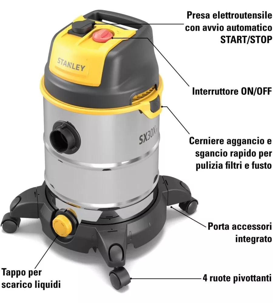 ASPIRATORE SOLIDI LIQUIDI ELETTRICO STANLEY "SXVC30XTDE" 1600W 30LT 36,5 L/S