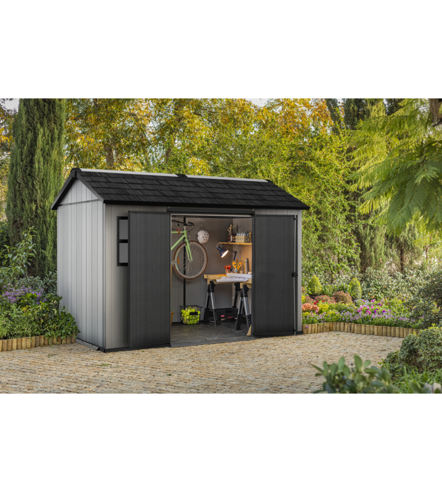 CASETTA DA GIARDINO KETER "OAKLAND 1175SD" IN DUOTECH COLORE GRIGIO CON PORTA BATTENTE DOPPIA 350X229X254 CM