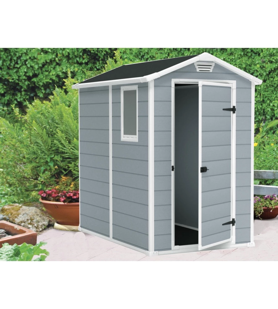 CASETTA DA GIARDINO KETER "MANOR 4x6" IN RESINA COLORE GRIGIO CON PORTA BATTENTE SINGOLA 130X192X198 CM