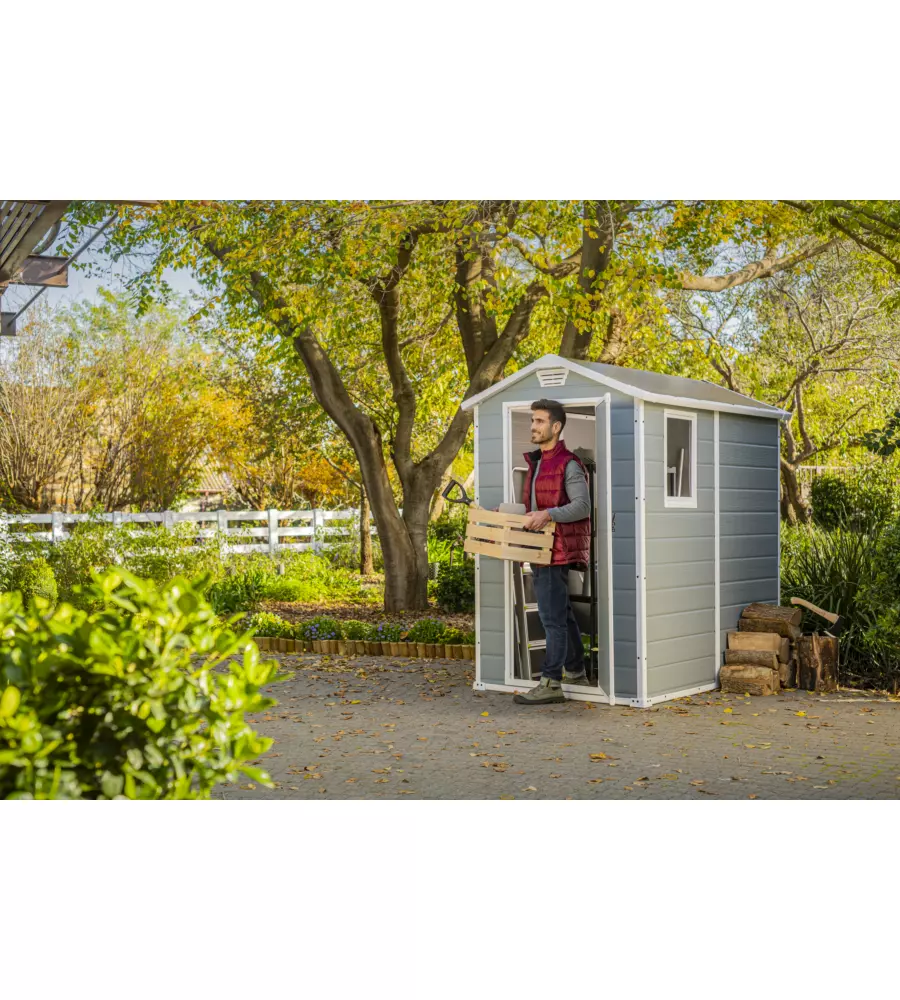 CASETTA DA GIARDINO KETER "MANOR 4x6" IN RESINA COLORE GRIGIO CON PORTA BATTENTE SINGOLA 130X192X198 CM