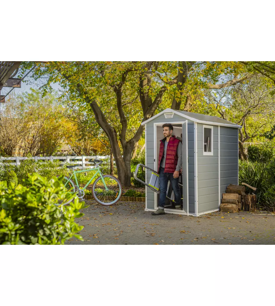CASETTA DA GIARDINO KETER "MANOR 4x6" IN RESINA COLORE GRIGIO CON PORTA BATTENTE SINGOLA 130X192X198 CM