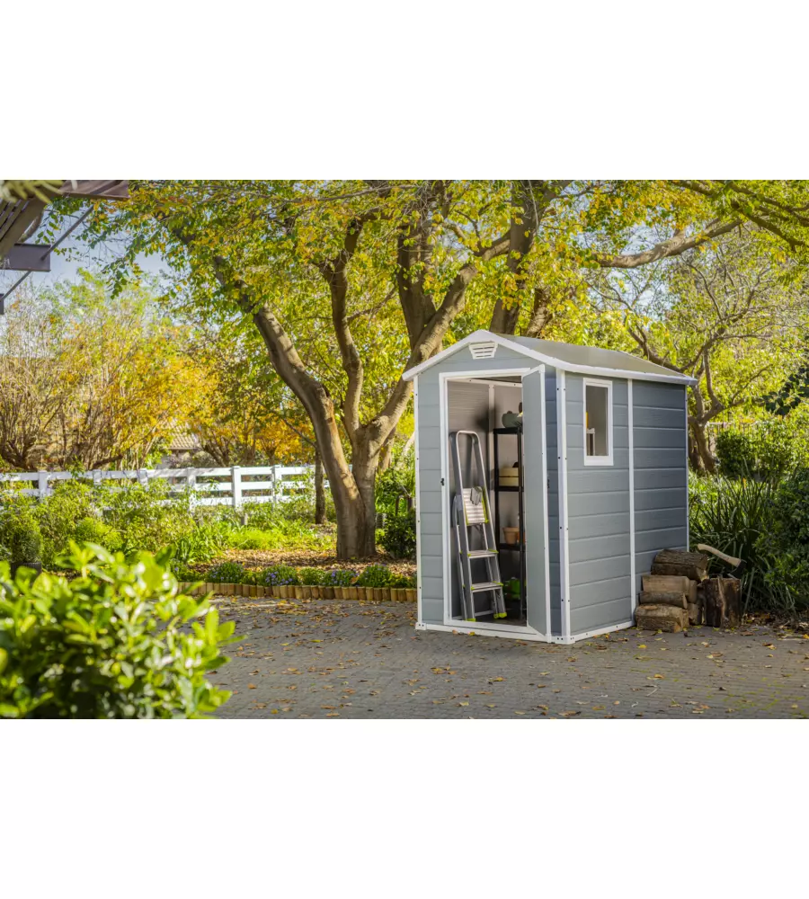 CASETTA DA GIARDINO KETER "MANOR 4x6" IN RESINA COLORE GRIGIO CON PORTA BATTENTE SINGOLA 130X192X198 CM