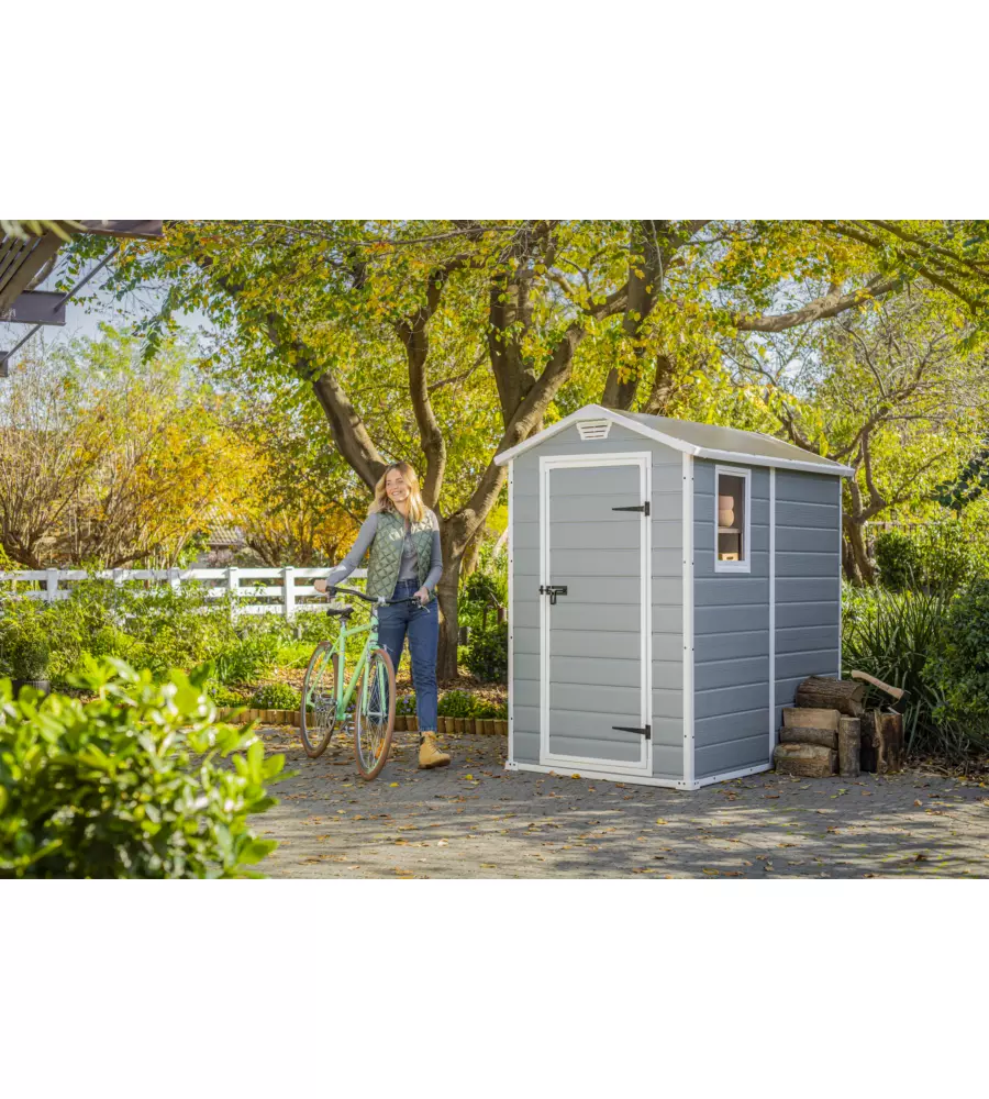 CASETTA DA GIARDINO KETER "MANOR 4x6" IN RESINA COLORE GRIGIO CON PORTA BATTENTE SINGOLA 130X192X198 CM