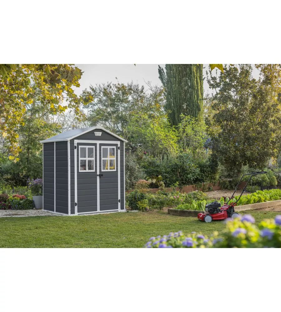 CASETTA DA GIARDINO KETER "MANOR 6x5" IN RESINA COLORE GRIGIO CON PORTA BATTENTE DOPPIA 185X152X226 CM
