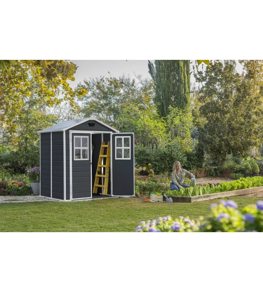 CASETTA DA GIARDINO KETER "MANOR 6x5" IN RESINA COLORE GRIGIO CON PORTA BATTENTE DOPPIA 185X152X226 CM