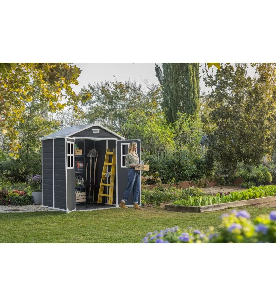 CASETTA DA GIARDINO KETER "MANOR 6x5" IN RESINA COLORE GRIGIO CON PORTA BATTENTE DOPPIA 185X152X226 CM