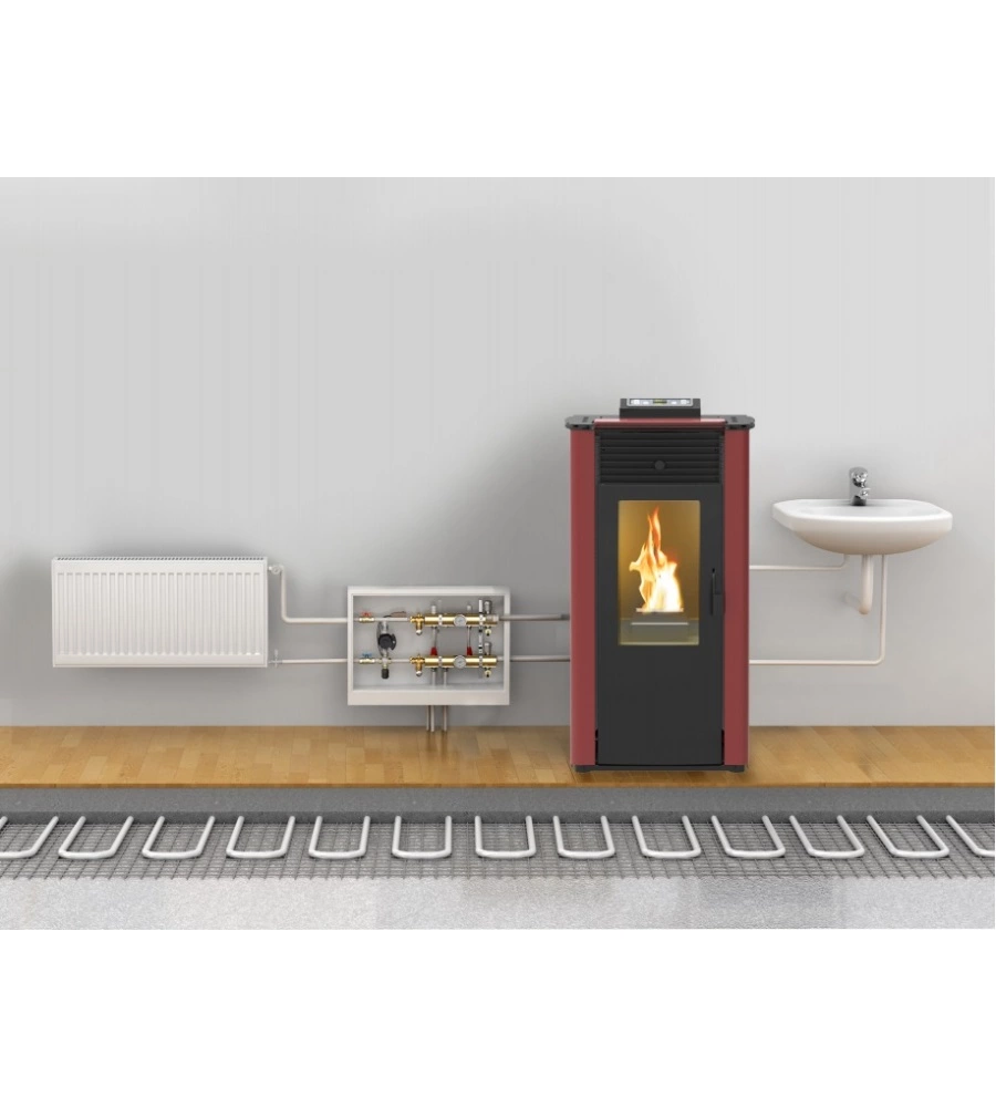 TERMOSTUFA A PELLET CANADIAN STOVE "IDRO 14" BORDEAUX 13,8 KW
