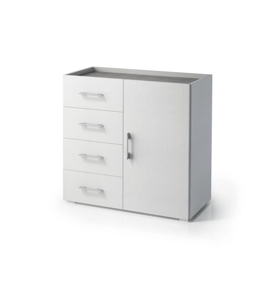 MOBILE MULTIUSO CON ANTA E 4 CASSETTI BIANCO E CEMENTO, 90X40X87 CM