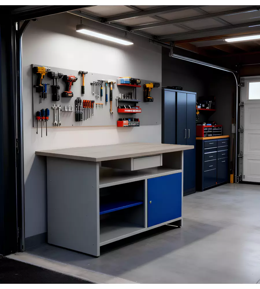 BANCO DA LAVORO EASY SYSTEM CON RIPIANI E ANTA, 120x60x84 CM