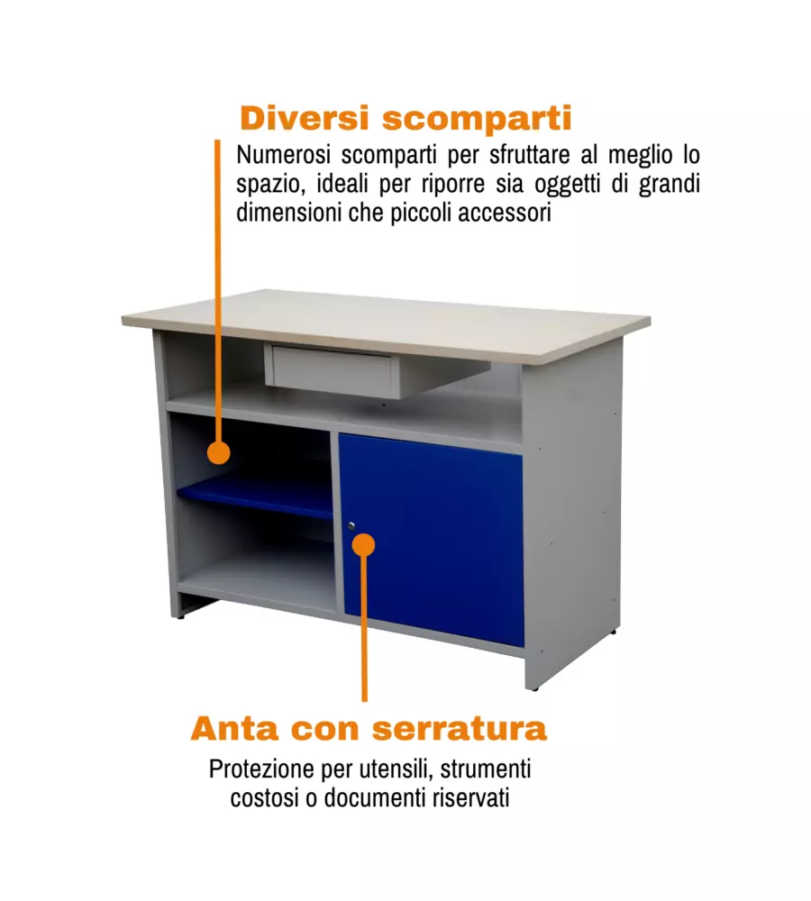 BANCO DA LAVORO EASY SYSTEM CON RIPIANI E ANTA, 120x60x84 CM