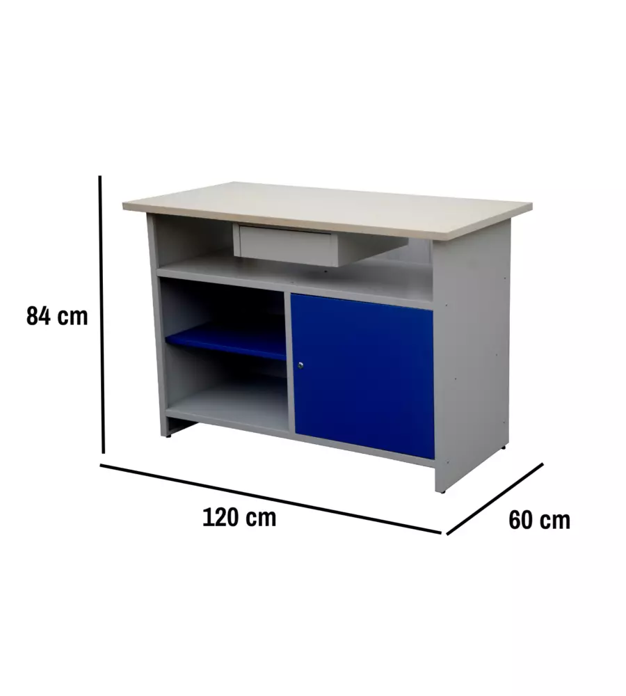 BANCO DA LAVORO EASY SYSTEM CON RIPIANI E ANTA, 120x60x84 CM