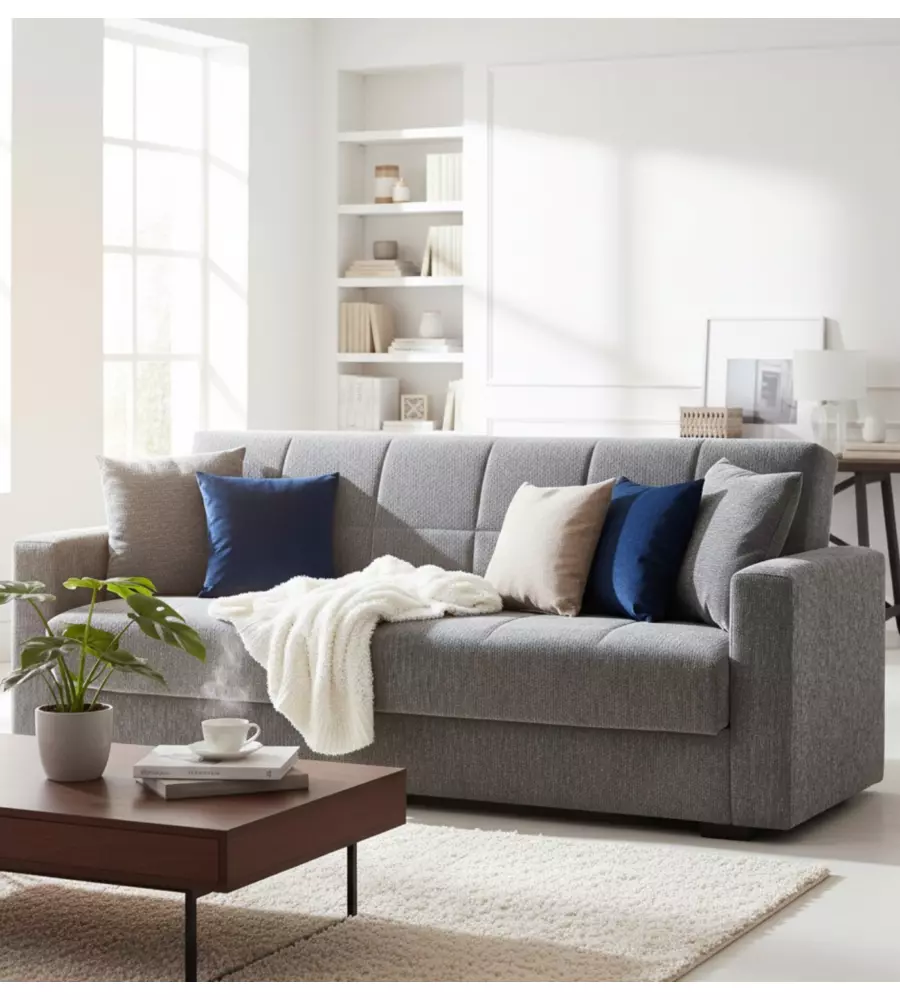 DIVANO LETTO "NORA" 3 POSTI IN TESSUTO COLORE GRIGIO, 212X80X87 CM