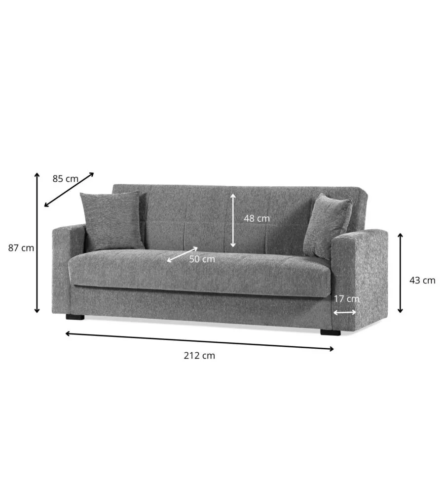 DIVANO LETTO "NORA" 3 POSTI IN TESSUTO COLORE GRIGIO, 212X80X87 CM