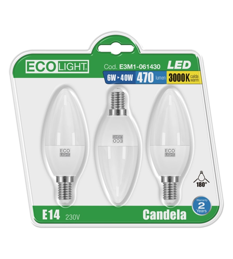 3 LAMPADINE LED 6W LUCE CALDA 3000° K - CANDELA