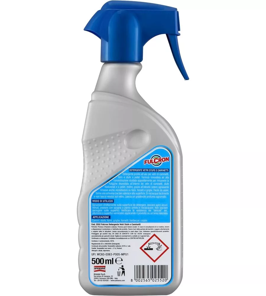 DETERGENTE VETRI PER CAMINETTI E STUFE "FULCRON CASA", FORMATO 500 ML