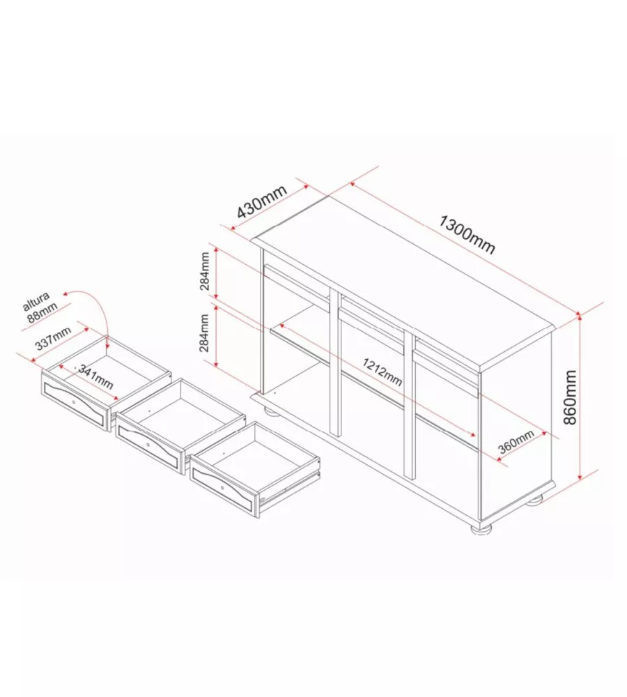 BUFFET 3 ANTE + 3 CASSETTI IN PINO MASSELLO NATURALE, 130X86X43 CM