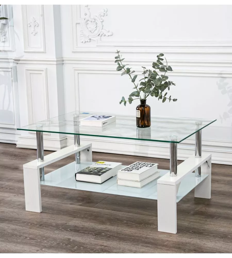TAVOLINO DA SOGGIORNO "ALVA" BIANCO CON TOP IN VETRO TEMPERATO 100X60X45 CM