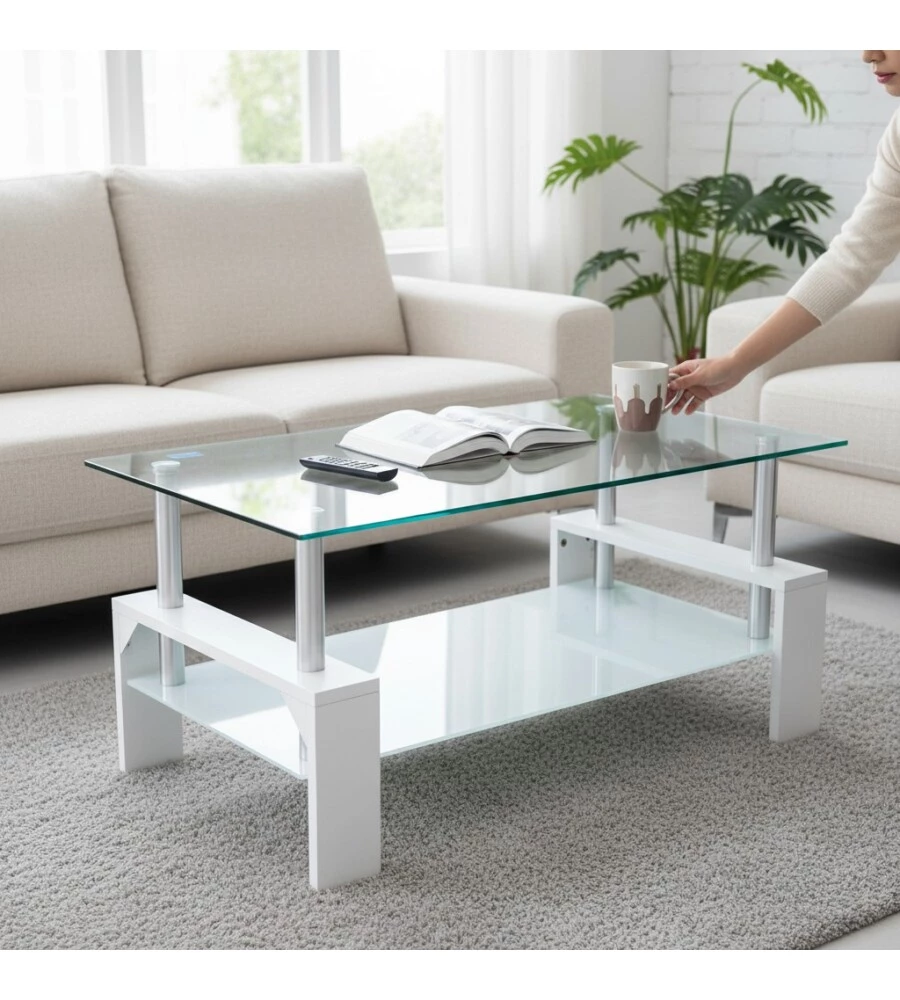Tavolino da soggiorno BellaHome "Alva" bianco con top in vetro temperato 100x60x45 cm