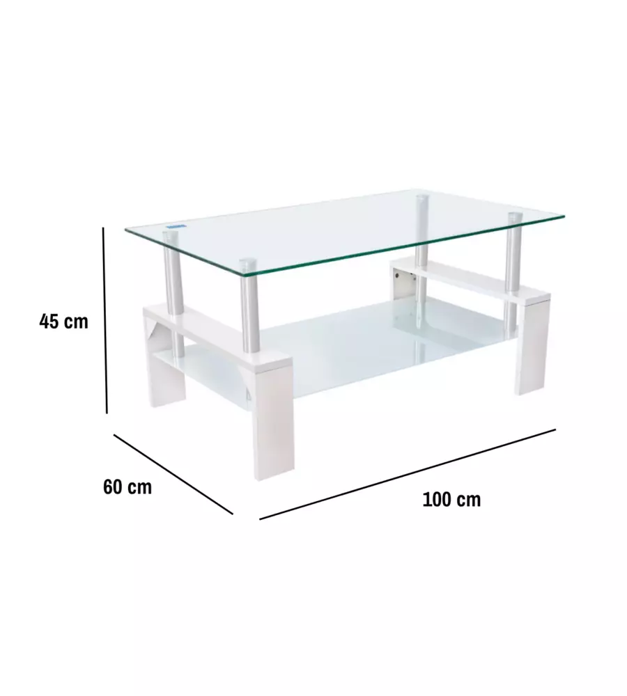 TAVOLINO DA SOGGIORNO "ALVA" BIANCO CON TOP IN VETRO TEMPERATO 100X60X45 CM